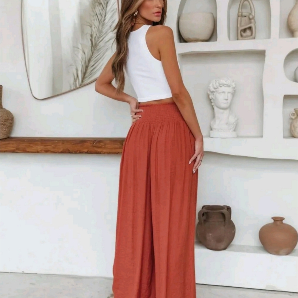 Terracotta Smocked Waist Wide Leg Lounge Bohemian Pant - Picture 3 of 16